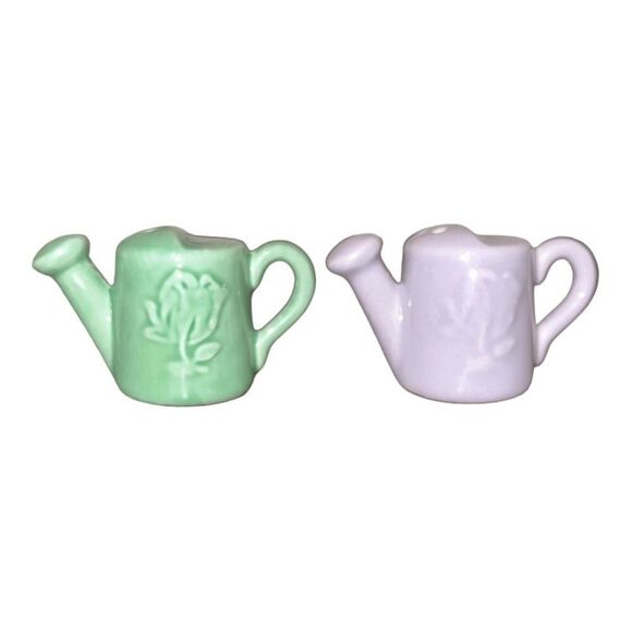 Miniature Ceramic Watering Can Salt and Pepper Shakers, Green and Purple - Picture 1 of 3